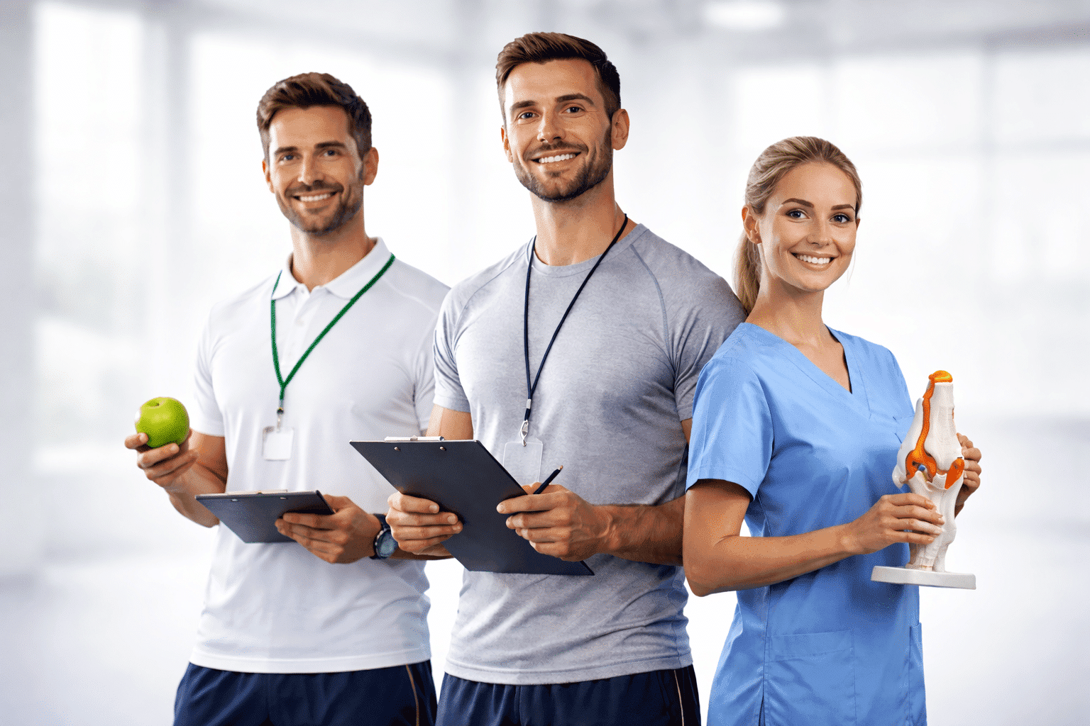 trabajadores del sector deportivo: nutricionista, entrenador personal, y readaptadora de lesiones